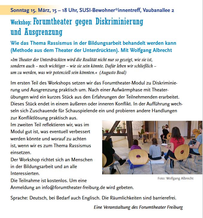 Sonntag 15. März 2026, 15 – 18 Uhr, SUSI-Bewohner*innentreff, Vaubanallee 2
Wie das Thema Rassismus in der Bildungsarbeit behandelt werden kann